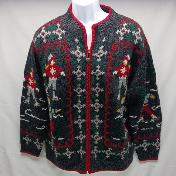 Eagle's Eye Skiers & Snoflake Zip-Up Knit Cardigan Unisex Vintage 90s XL Grey... - Picture 3 of 13